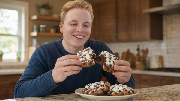 Son at table with hot chocolate cookie
