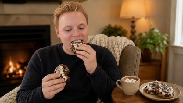 Young man eating hot chocolate cookies