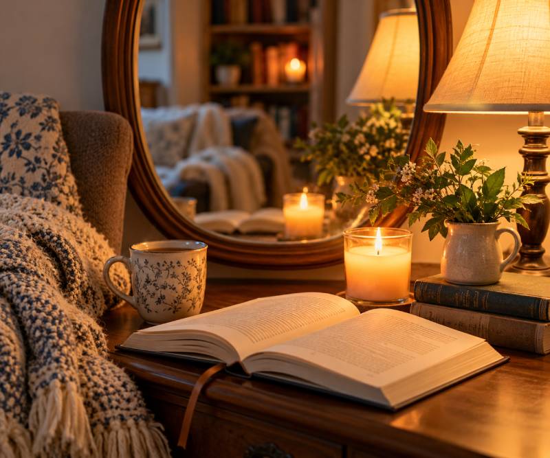 Cozy candlelit reading nook with a book