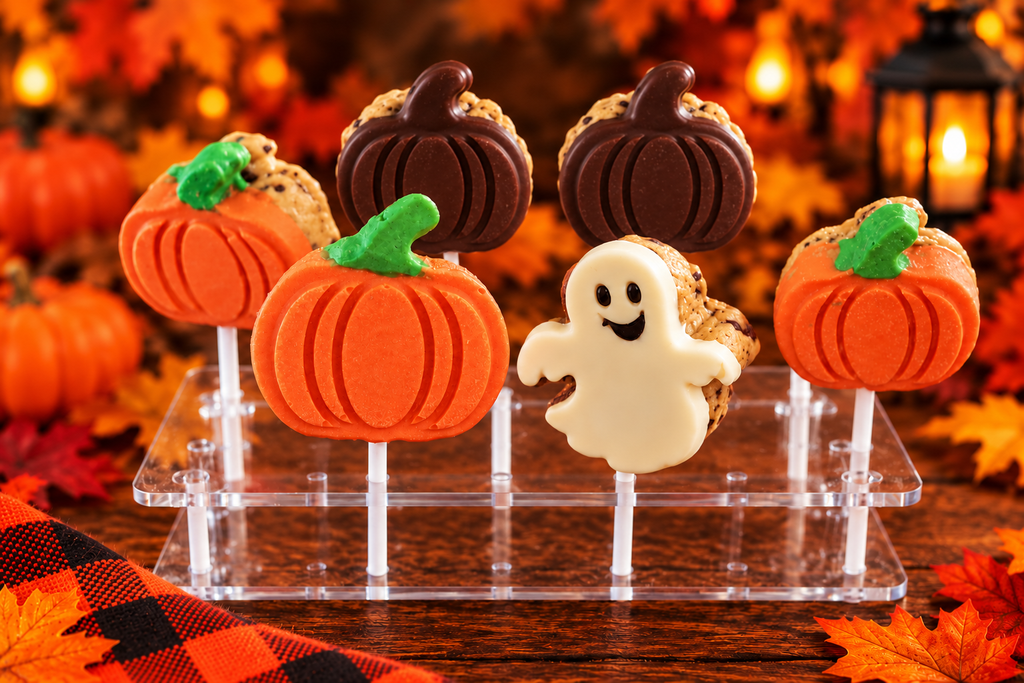 Front-facing chocolate pumpkin pops