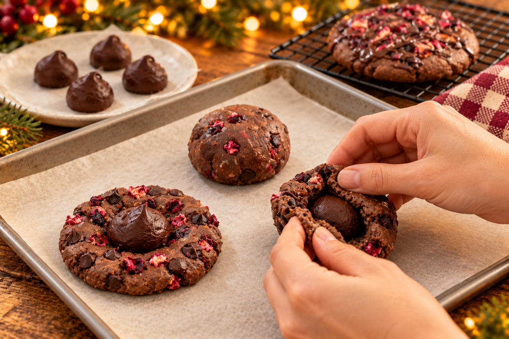 Sealing chocolate cherry cookies with ganache